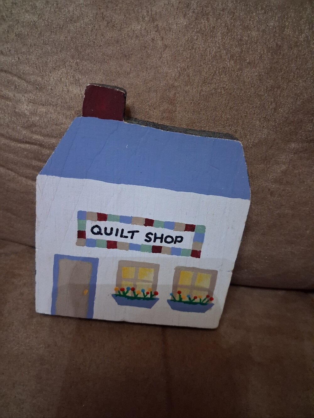 Hand-Painted Wooden Quilt Shop House - Blue Roof